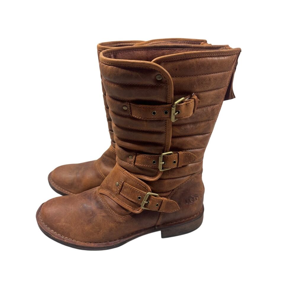Ugg Tatum Leather Buckle Strap Boots Womens 8.5 39.5 Brown Moto Biker Quilted